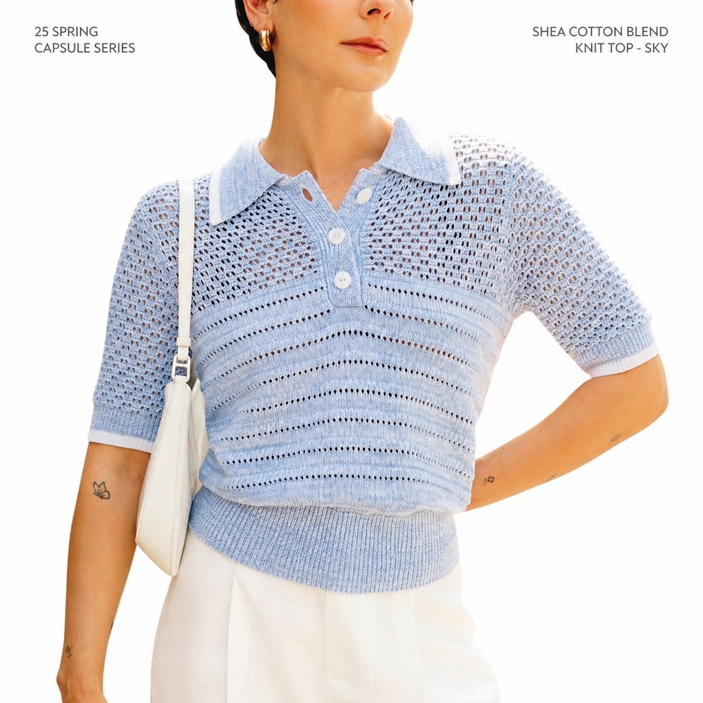 Coastal Petite Studio NYC Shea Cotton Blend Knit Polo Top Sky Blue Pointelle XL